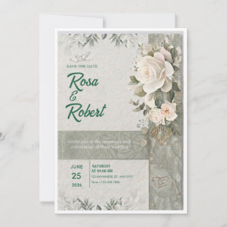 Sagegroene en Witte Rozen Elegante Trouw Uitnodigi Kaart