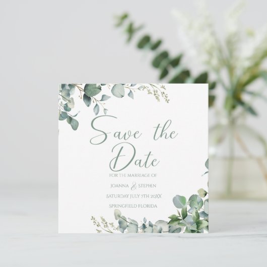 Sagegroene eucalyptus minimalistische save the dat kaart (Staand voorkant)