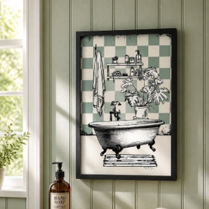 Sagegroene geruite vintage klauwvoetbadkamer poster