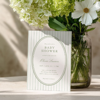 Sagegroene gestreepte uitnodiging voor preppy baby