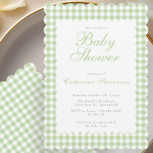 Sagegroene Gingham Baby Shower Uitnodiging