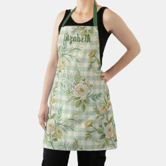 Sagegroene Gingham Bloemen Personalized Schort