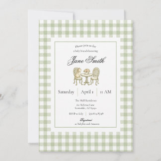 Sagegroene Gingham Kitten Baby Shower Uitnodiging
