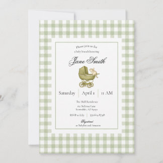 Sagegroene Gingham Kitten Baby Shower Uitnodiging