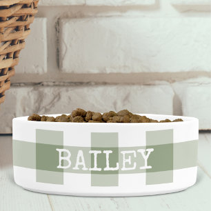 Sagegroene Gingham Plaid Gepersonaliseerde Hond Voerbakje