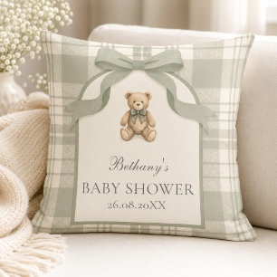 Sagegroene Gingham Teddybeer Baby Shower Kussen