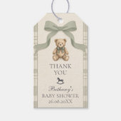 Sagegroene Gingham Teddybeer Babyshower Cadeaulabel (Voorkant)