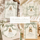 Sagegroene Gingham Teddybeer Babyshower Cadeaulabel