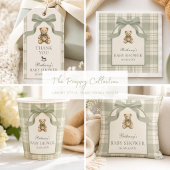 Sagegroene Gingham Teddybeer Babyshower Cadeaulabel