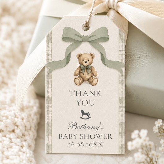 Sagegroene Gingham Teddybeer Babyshower Cadeaulabel