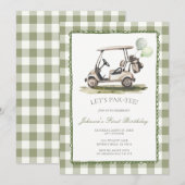 Sagegroene golfkar verjaardagsfeest gingham kaart (Voorkant / Achterkant)