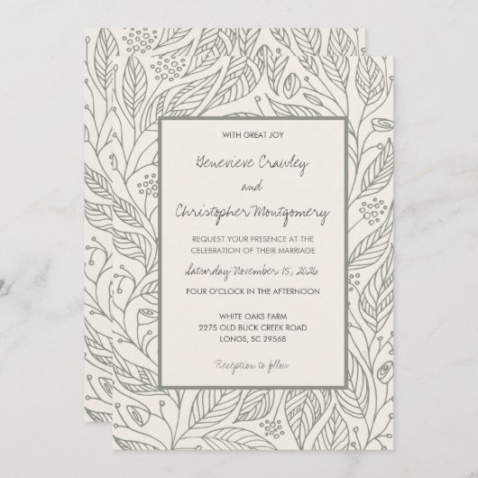 Sagegroene Gril Handgetekende Blad Bruiloft Kaart (Voorkant / Achterkant)