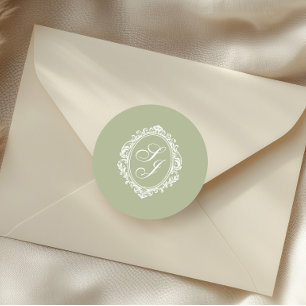 Sagegroene klassieke wapenschild monogram ronde sticker