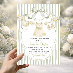 Sagegroene madeliefjes waslijn babyshower uitnodig kaart