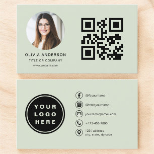Sagegroene Minimalistische Foto met QR-code Visitekaartje