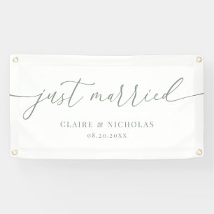 Sagegroene moderne elegante net getrouwd bruilofts spandoek