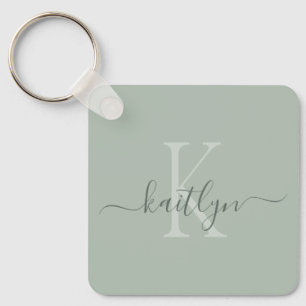 Sagegroene Monogram met Initiële Naam Sleutelhanger