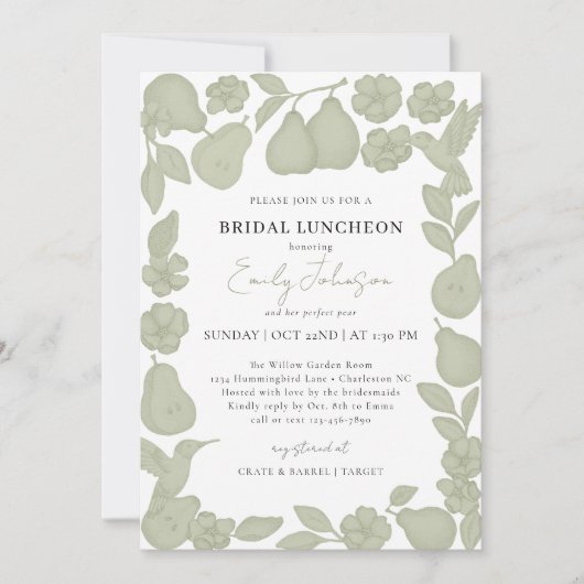 Sagegroene Perfect Pear Bruilofts Luncheon Uitnodi Kaart (Voorkant)