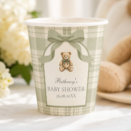 Sagegroene Preppy Gingham Teddibeer Baby Shower Papieren Bekers