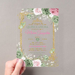 Sagegroene Quinceañera Roze Gouden Kroon Vlinder Acryl Uitnodigingen