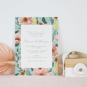 Sagegroene Roze Vintage Botanische Baby Shower Kaart