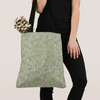 Sagegroene roze witte bloemen bloemmotief boho-pat draagtas