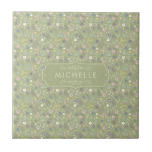 Sagegroene roze witte bloemen bloemmotief boho tegeltje