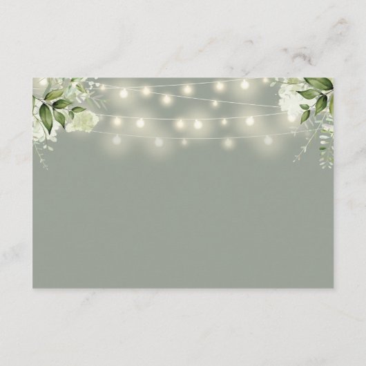 Sagegroene snoerlampjes bloemendecoratie bruilofts informatiekaartje (Achterkant)