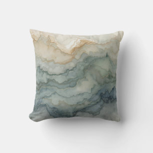 Sagegroene Stof Blauw Beige Abstracte Golven 16" Kussen