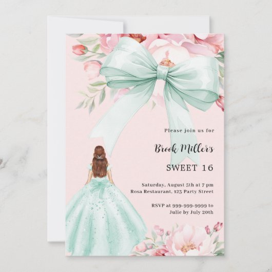 Sagegroene strik roze bloemen jurk Sweet 16 Kaart (Voorkant)