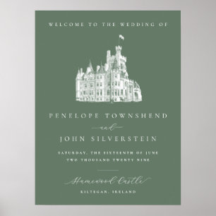 Sagegroene vintage kasteel welkom bruiloft poster