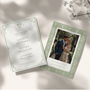 Sagegroene Vintage Tuin Monogram Huwelijk Save The Date