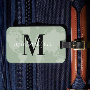 Sagegroene Wereldkaart Script Monogram Bagagelabel