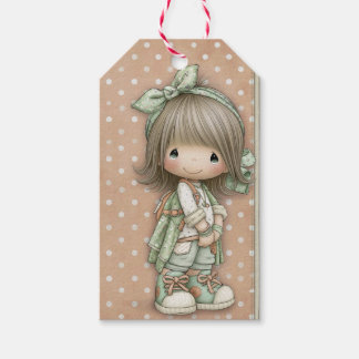 Sagegroene zachte beige vintage grote ogen meisje cadeaulabel