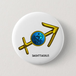 SAGITTARIUS, GOLD BLUE ZODIAC BIRTHDAY SIGN RONDE BUTTON 5,7 CM
