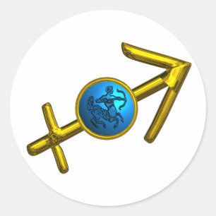 SAGITTARIUS, GOLD BLUE ZODIAC BIRTHDAY SIGN RONDE STICKER