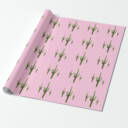 Saguaro Cactus Green Pattern Roze Cadeaupapier (Uitgerold)