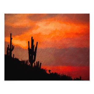 Saguaro Cactus Silhouette Arizona Red Sunset Foto Afdruk
