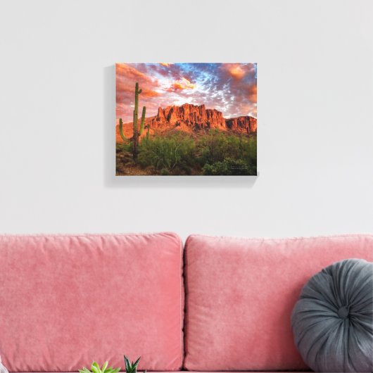 Saguaro Cactus Superstition Mountain Sunset 10x8 Canvas Afdruk (Insitu (Woonkamer))