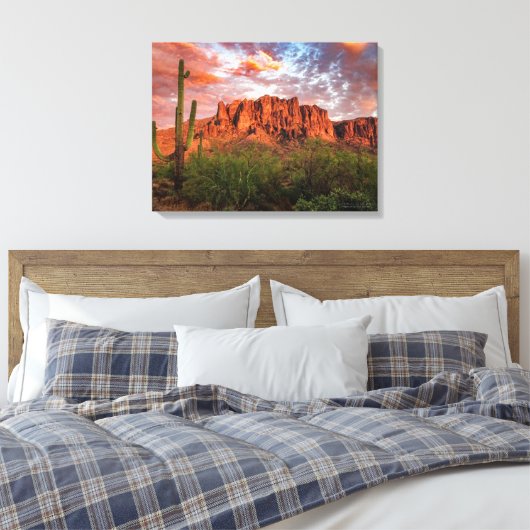 Saguaro Cactus Superstition Mountain Sunset 24x18 Canvas Afdruk (Insitu (Slaapkamer))