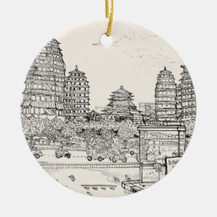 Saigon Pagoda Vietnam Cityscape Pen Inkttekening Keramisch Ornament
