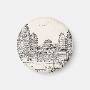Saigon Pagoda Vietnam Cityscape Pen Inkttekening Magneet