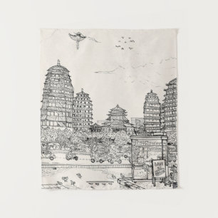 Saigon Pagoda Vietnam Cityscape Pen Inkttekening Wandkleed