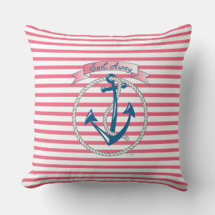 "Sail Away" Anchor, witte strepen en roze strepen Kussen