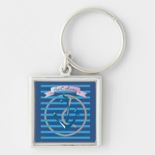 Sail Away Nautical Anchor met blauwe strepen Sleutelhanger