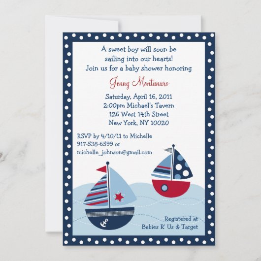 Sail Away Sailboat Ocean Baby Shower-uitnodigingen Kaart (Voorkant)