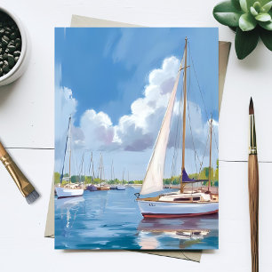 Sail Boat Bay Kust Waterverfschilderij Briefkaart