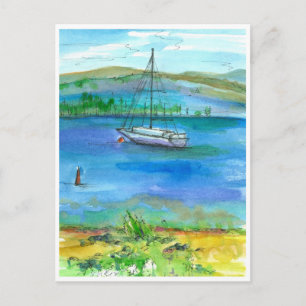Sail Boat Mountain Lake Waterverf schilderij Briefkaart