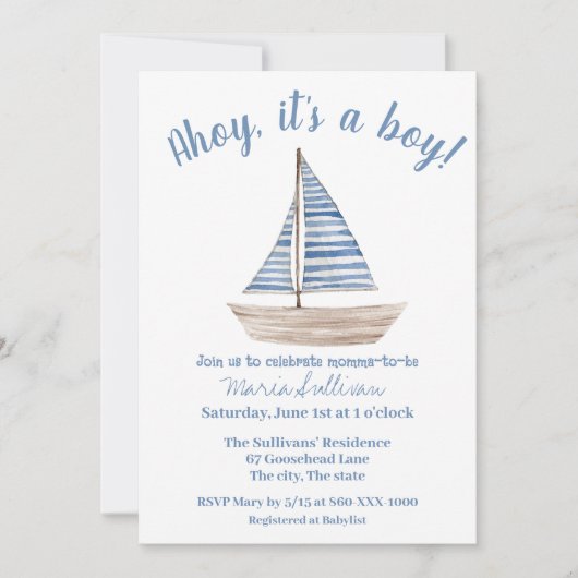 SAILBOAT Baby BOY Douche Uitnodiging (Voorkant)