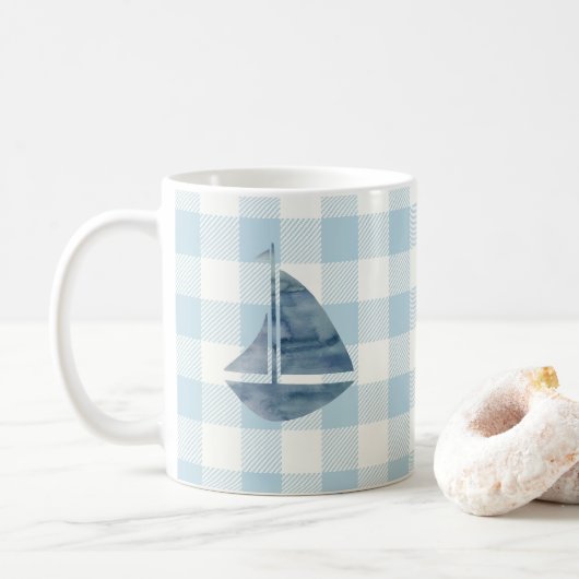 Sailboat Blue Gingham Check Pattern Coffee Mok (Met donut)